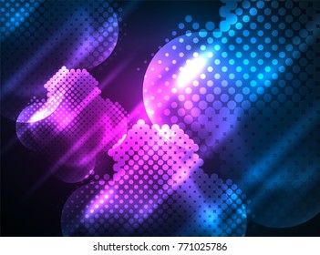 Shiny neon glowing circles, dot particles structure. Vector digital technology abstract background, backdrop for techno presentation or web banner template
