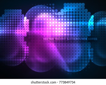 Círculos brillantes de neón, estructura de partículas de punto. Fondo abstracto de tecnología digital vectorial, fondo para presentación tecno o plantilla de banner web