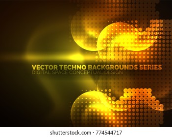 Círculos brillantes de neón, estructura de partículas de punto. Fondo abstracto de tecnología digital vectorial, fondo para presentación tecno o plantilla de banner web