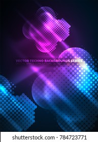 Shiny neon glowing circles, dot particles structure. Vector digital technology abstract background, backdrop for techno presentation or web banner template