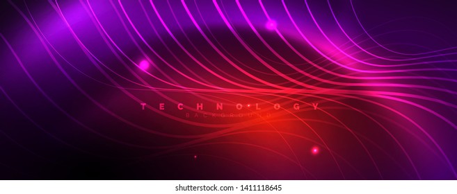 Shiny neon lights, dark abstract background with blurred magic neon light curved lines. Vector