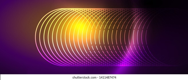 Luces de neón brillantes, fondo abstracto oscuro con líneas curvadas de luz mágica borrosa de neón. Vector