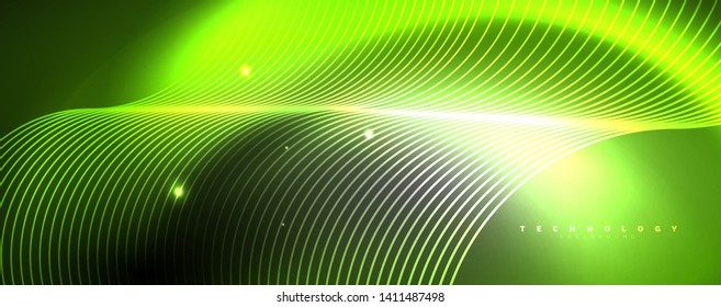 Shiny neon lights, dark abstract background with blurred magic neon light curved lines. Vector