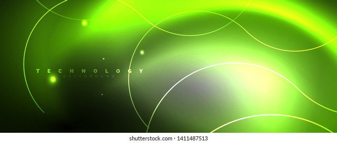 Leuchtende Neonleuchten, dunkler abstrakter Hintergrund mit unscharfem magischem Neon, hellgebogene Linien. Vektorgrafik