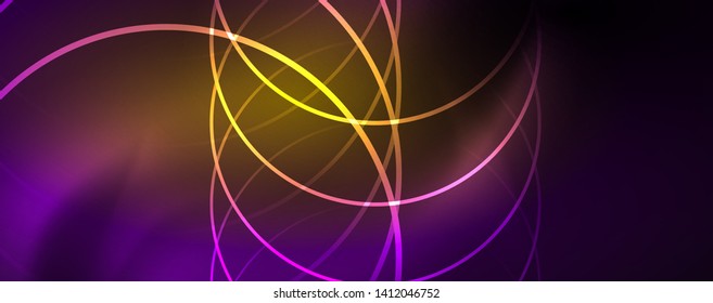 Shiny neon lights, dark abstract background with blurred magic neon light curved lines. Vector