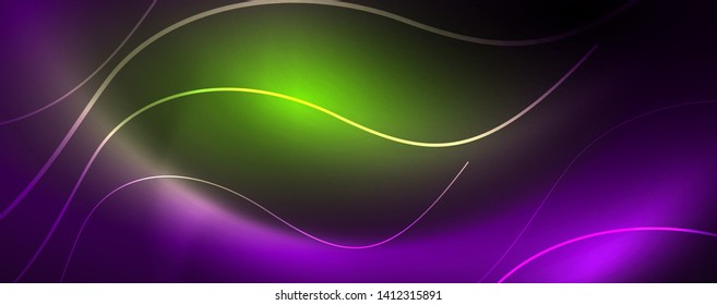 Shiny neon lights, dark abstract background with blurred magic neon light curved lines. Vector