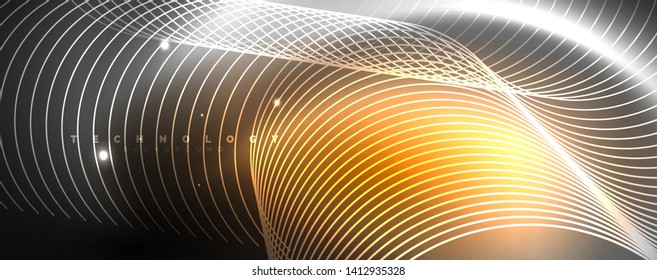 Shiny neon lights, dark abstract background with blurred magic neon light curved lines. Vector