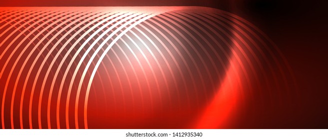 Shiny neon lights, dark abstract background with blurred magic neon light curved lines. Vector