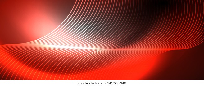 Shiny neon lights, dark abstract background with blurred magic neon light curved lines. Vector