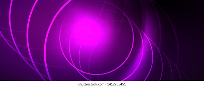 Shiny neon lights, dark abstract background with blurred magic neon light curved lines. Vector