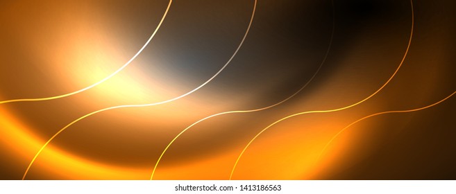 Shiny neon lights, dark abstract background with blurred magic neon light curved lines. Vector