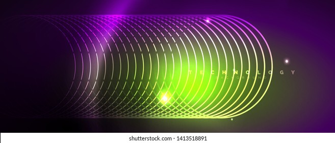 Shiny neon lights, dark abstract background with blurred magic neon light curved lines. Vector