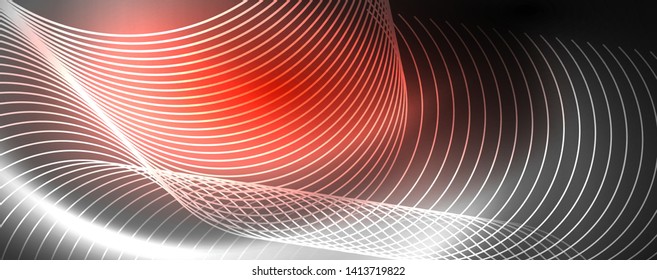 Shiny neon lights, dark abstract background with blurred magic neon light curved lines. Vector