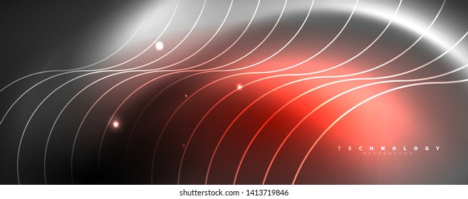 Shiny neon lights, dark abstract background with blurred magic neon light curved lines. Vector