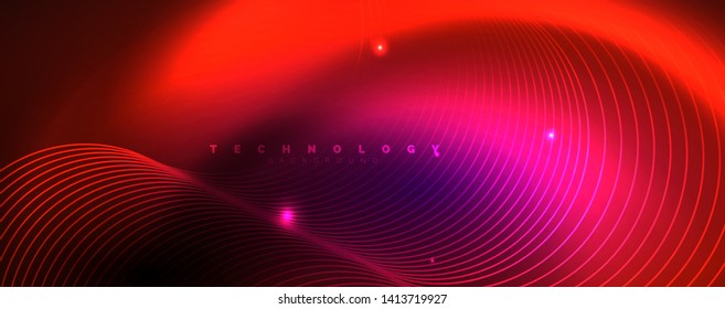 Shiny neon lights, dark abstract background with blurred magic neon light curved lines. Vector