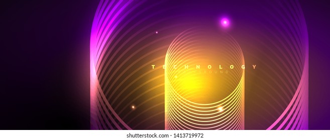 Shiny neon lights, dark abstract background with blurred magic neon light curved lines. Vector