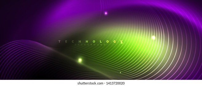 Shiny neon lights, dark abstract background with blurred magic neon light curved lines. Vector