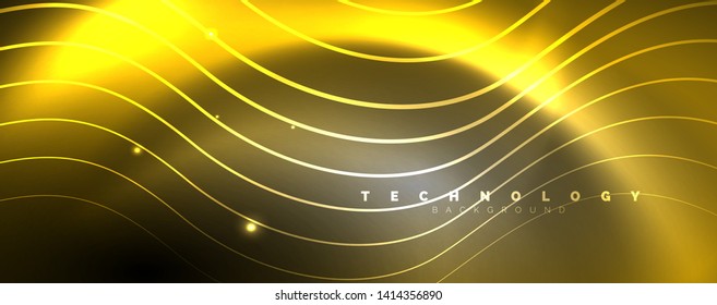 Shiny neon lights, dark abstract background with blurred magic neon light curved lines. Vector