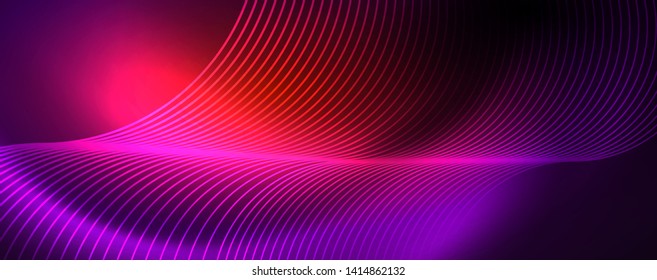 Shiny neon lights, dark abstract background with blurred magic neon light curved lines. Vector