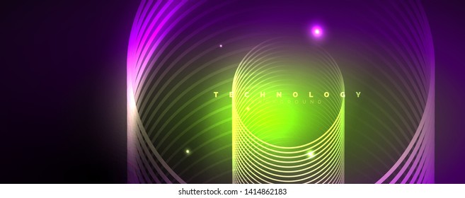 Shiny neon lights, dark abstract background with blurred magic neon light curved lines. Vector