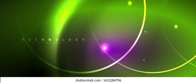 Shiny neon lights, dark abstract background with blurred magic neon light curved lines. Vector