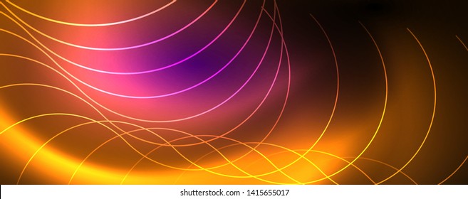 Shiny neon lights, dark abstract background with blurred magic neon light curved lines. Vector