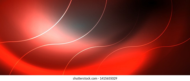 Luces de neón brillantes, fondo abstracto oscuro con líneas curvadas de luz mágica borrosa de neón. Vector