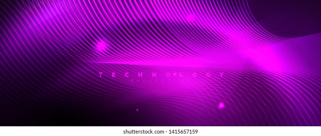 Shiny neon lights, dark abstract background with blurred magic neon light curved lines. Vector