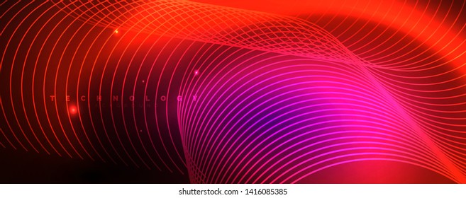 Shiny neon lights, dark abstract background with blurred magic neon light curved lines. Vector