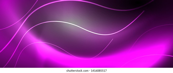 Shiny neon lights, dark abstract background with blurred magic neon light curved lines. Vector