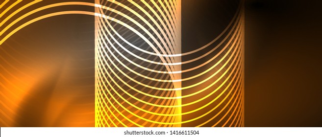 Shiny neon lights, dark abstract background with blurred magic neon light curved lines. Vector