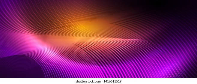 Shiny neon lights, dark abstract background with blurred magic neon light curved lines. Vector