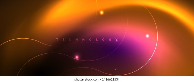 Luces de neón brillantes, fondo abstracto oscuro con líneas curvadas de luz mágica borrosa de neón. Vector