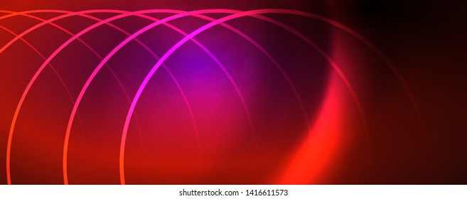 Shiny neon lights, dark abstract background with blurred magic neon light curved lines. Vector