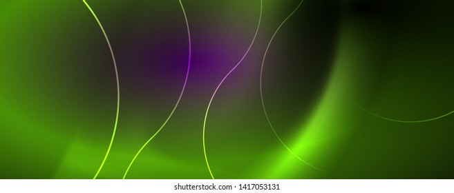 Shiny neon lights, dark abstract background with blurred magic neon light curved lines. Vector