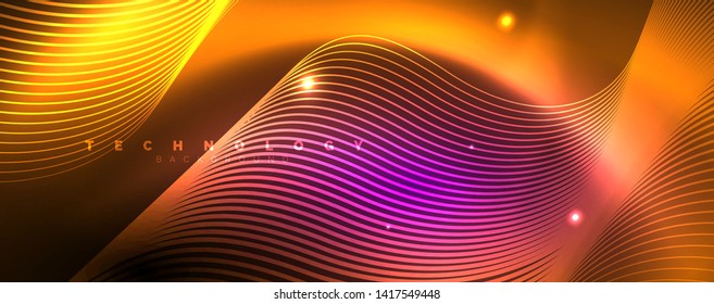 Luces de neón brillantes, fondo abstracto oscuro con líneas curvadas de luz mágica borrosa de neón. Vector