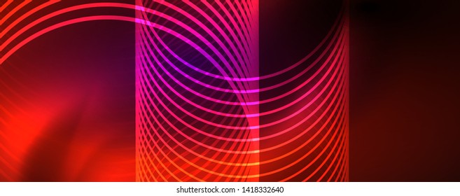 Shiny neon lights, dark abstract background with blurred magic neon light curved lines. Vector