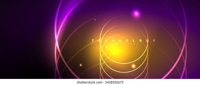 Shiny neon lights, dark abstract background with blurred magic neon light curved lines. Vector