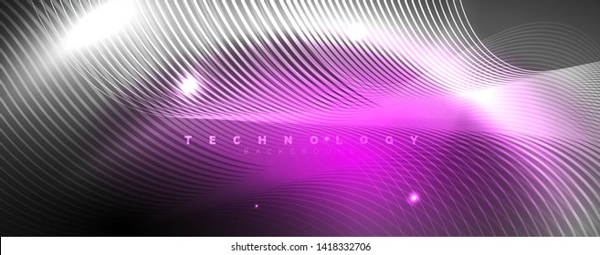 Shiny neon lights, dark abstract background with blurred magic neon light curved lines. Vector