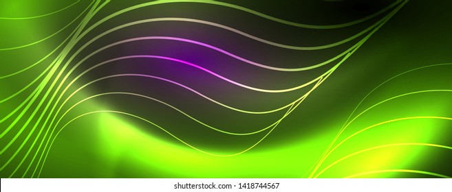 Shiny neon lights, dark abstract background with blurred magic neon light curved lines. Vector