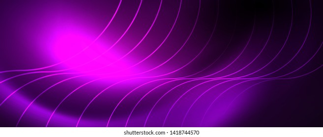 Shiny neon lights, dark abstract background with blurred magic neon light curved lines. Vector