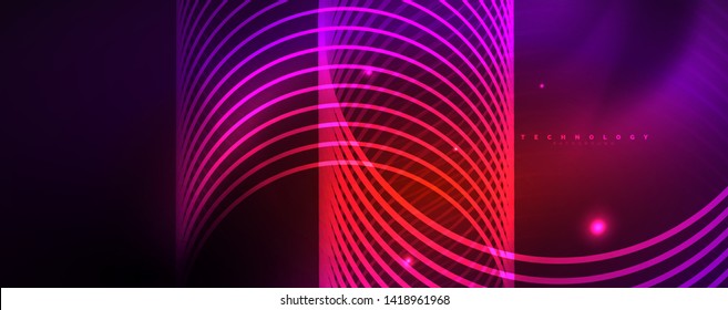 Shiny neon lights, dark abstract background with blurred magic neon light curved lines. Vector