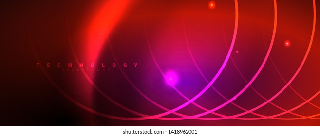 Luces de neón brillantes, fondo abstracto oscuro con líneas curvadas de luz mágica borrosa de neón. Vector
