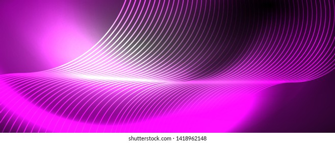 Shiny neon lights, dark abstract background with blurred magic neon light curved lines. Vector