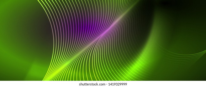 Shiny neon lights, dark abstract background with blurred magic neon light curved lines. Vector