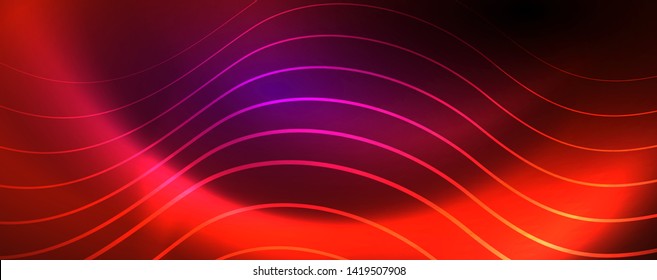 Shiny neon lights, dark abstract background with blurred magic neon light curved lines. Vector