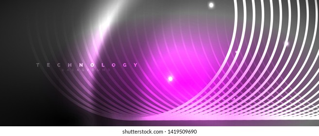 Shiny neon lights, dark abstract background with blurred magic neon light curved lines. Vector