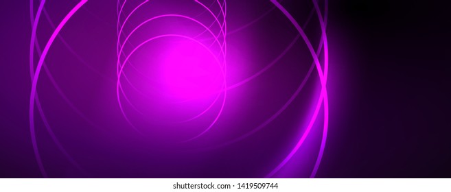 Shiny neon lights, dark abstract background with blurred magic neon light curved lines. Vector