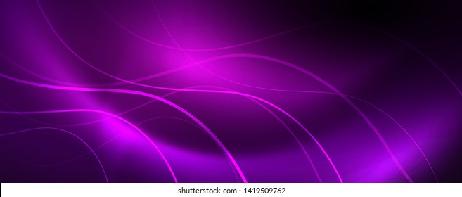 Shiny neon lights, dark abstract background with blurred magic neon light curved lines. Vector