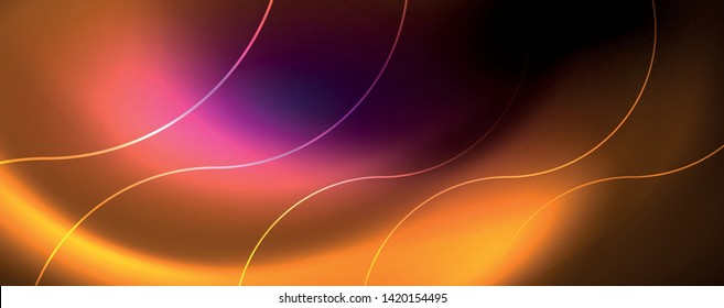 Shiny neon lights, dark abstract background with blurred magic neon light curved lines. Vector